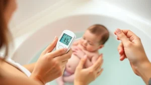 Parent carefully testing warm bathwater temperature with digital thermometer while holding newborn baby, bathroom setting with warm lighting, close-up of thermometer showing safe temperature range