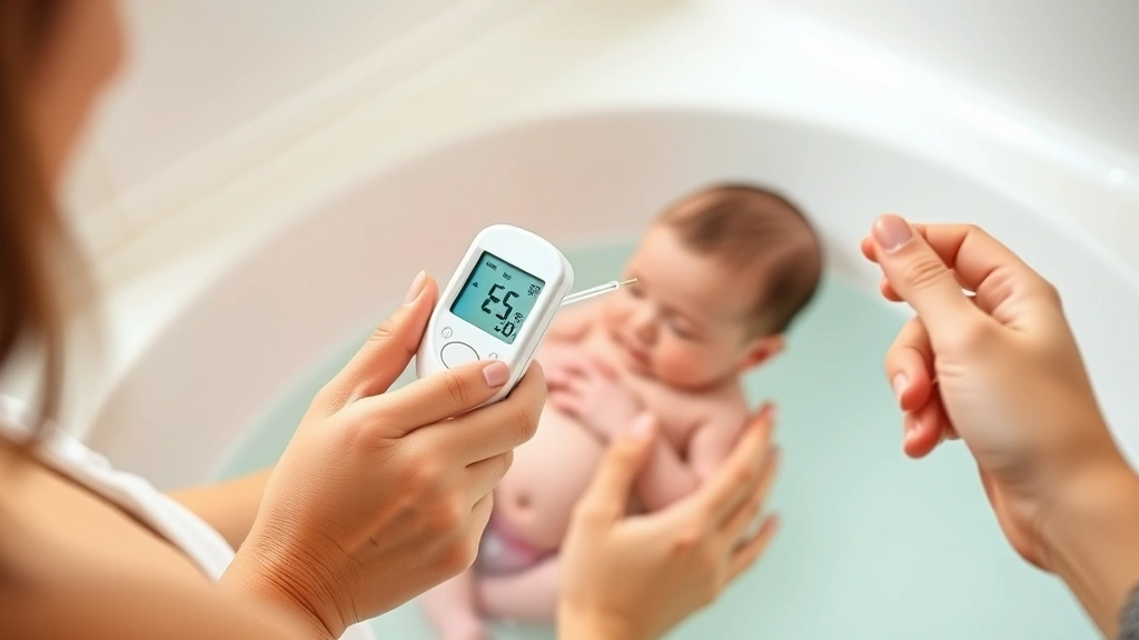 Parent carefully testing warm bathwater temperature with digital thermometer while holding newborn baby, bathroom setting with warm lighting, close-up of thermometer showing safe temperature range