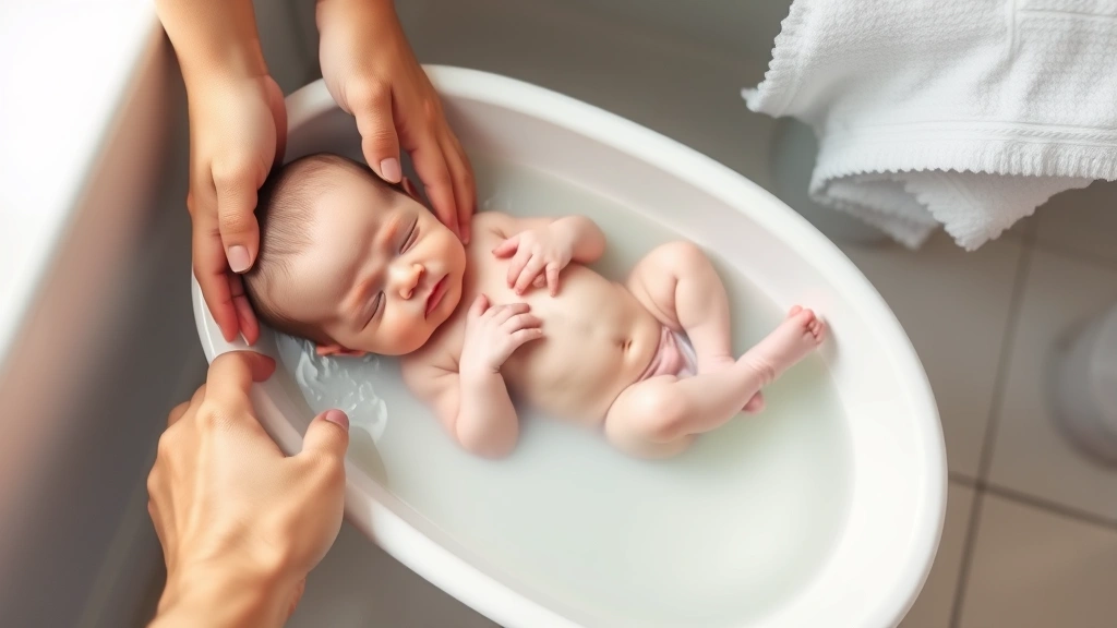Peaceful newborn baby being bathed in small white infant tub filled with perfectly warm water, parent's gentle hands supporting baby, soft bathroom lighting and white towels nearby