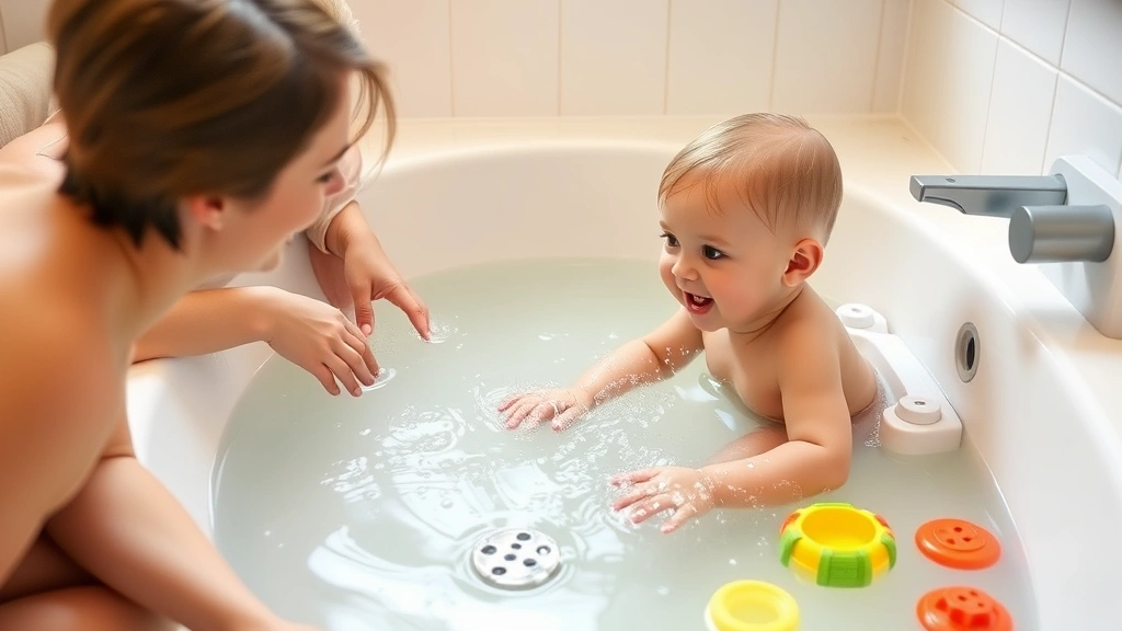 Toddler happily playing in shallow bathwater at safe temperature, parent supervising closely from beside tub, colorful bath toys visible, warm and safe bathroom environment