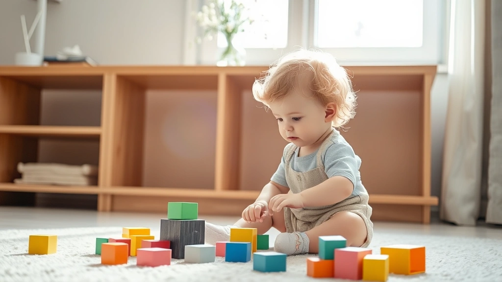 A young toddler with blonde curly hair sitting safely on a carpeted floor playing with colorful toy blocks, with a tall vase of delicate white baby's breath flowers placed securely on a high wooden shelf behind them out of reach, bright natural window light streaming in