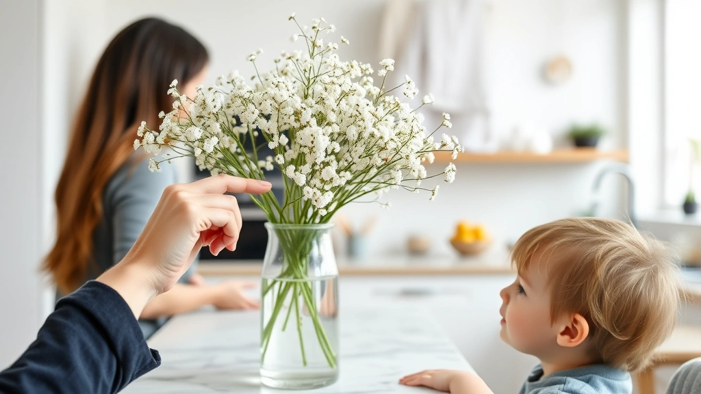 Close-up of delicate white baby's breath flowers in a clear glass vase on a high kitchen counter, with a parent's hand pointing to the arrangement while explaining to their curious child standing below, modern family kitchen background