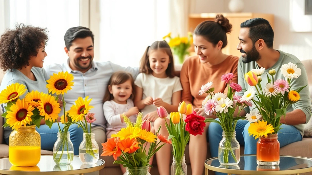 A diverse family of four sitting together in a living room with various safe non-toxic flowers like sunflowers, tulips, and gerbera daisies in colorful vases on accessible side tables, children safely interacting with the flowers under parental supervision, warm afternoon lighting
