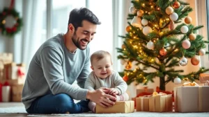 A smiling parent and baby playing safely near a Christmas tree with soft ornaments and wrapped gifts, warm natural lighting, cozy family room setting