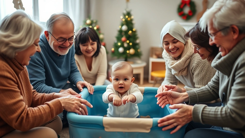 A multi-generational family gathering around a baby in a safe play area, grandparents and relatives with clean hands, warm holiday atmosphere, joyful expressions