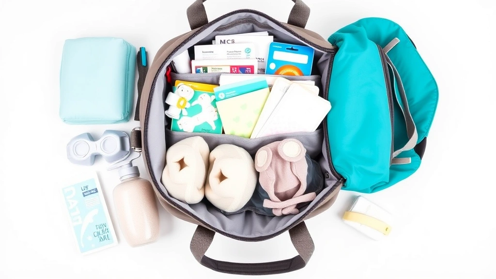 A well-organized diaper bag with holiday essentials, travel documents, and baby items neatly arranged on a light background, practical parenting preparation