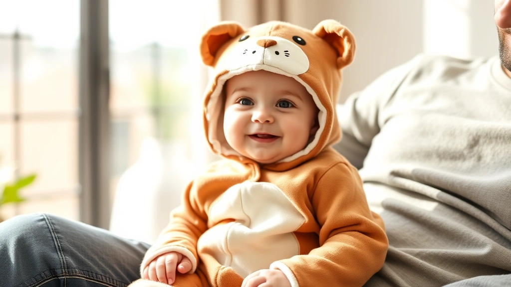 Happy smiling baby wearing soft animal onesie costume, sitting on parent's lap indoors, natural sunlight, warm family moment