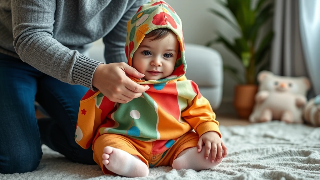 Parent carefully fitting colorful fabric costume on toddler, checking fit and comfort, gentle hands, caring expression, home setting