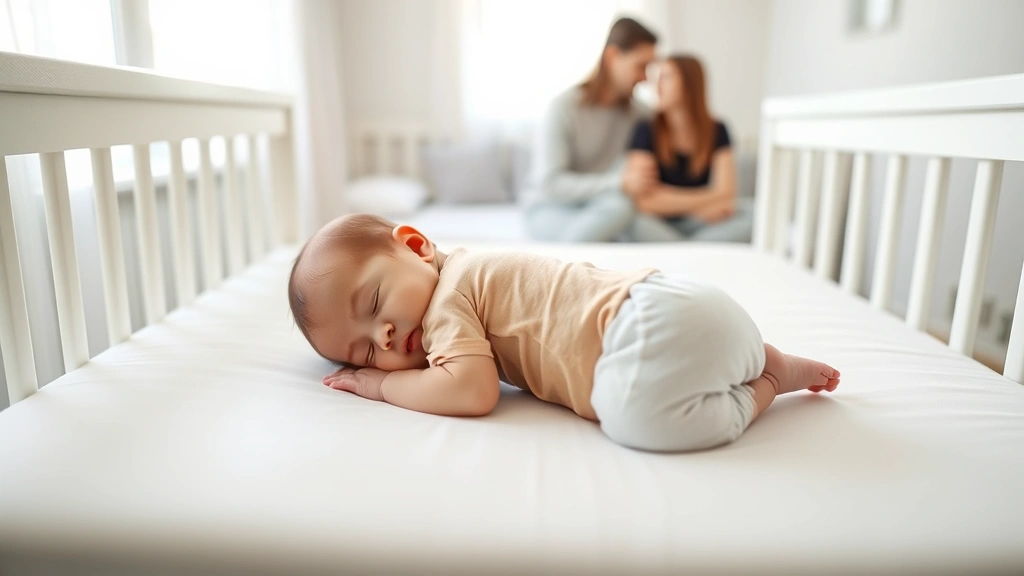 Peaceful newborn sleeping on back in white crib with fitted sheet, soft natural morning light, calm bedroom environment, parents visible in background watching