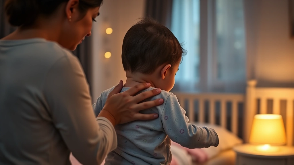 Mother gently patting baby's back during bedtime routine, warm lamp lighting, cozy nursery with dark curtains, baby wearing soft pajamas