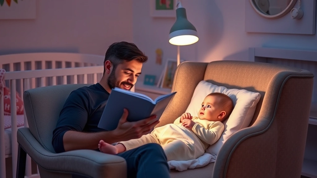 Father reading bedtime story to infant in comfortable chair, baby looking engaged, nursery decorated with soft colors, nightlight glowing softly