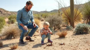Parent supervising young child playing outdoors in desert landscaping, teaching scorpion awareness, protective clothing visible, safe family environment