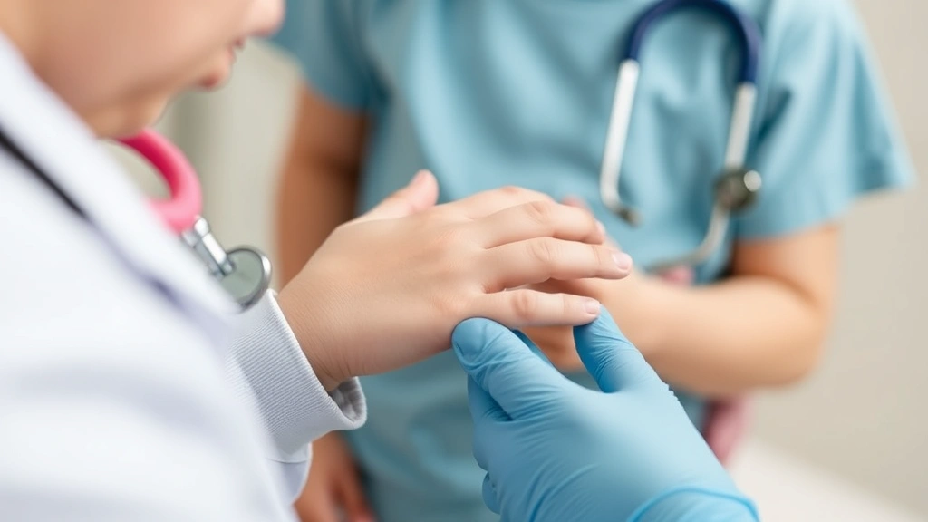Close-up of child's hand being examined by healthcare provider after insect sting, calm reassuring setting, medical care environment