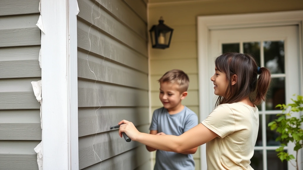 Family sealing home exterior cracks and gaps, weatherproofing work, parents and children working together on home safety project