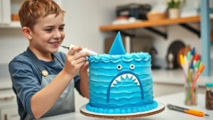 Parent frosting a blue layered cake with a shark design, smiling while working in a bright kitchen with colorful piping bags and decorating tools visible