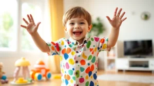 Happy toddler in colorful shirt dancing enthusiastically with arms raised, smiling at camera, bright living room background with toys visible