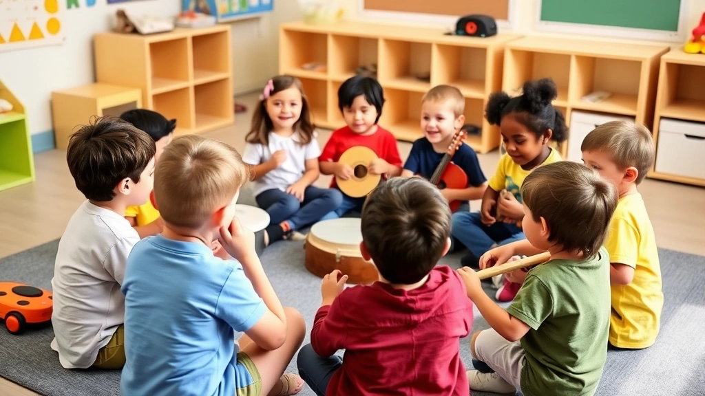 Group of diverse preschool-age children sitting in circle playing musical instruments together, laughing and engaged, classroom or playroom setting