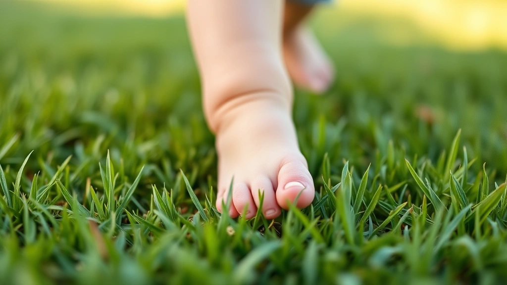 Close-up of a barefoot toddler's feet on soft green grass outdoors, natural sunlight, happy expression, developmental focus