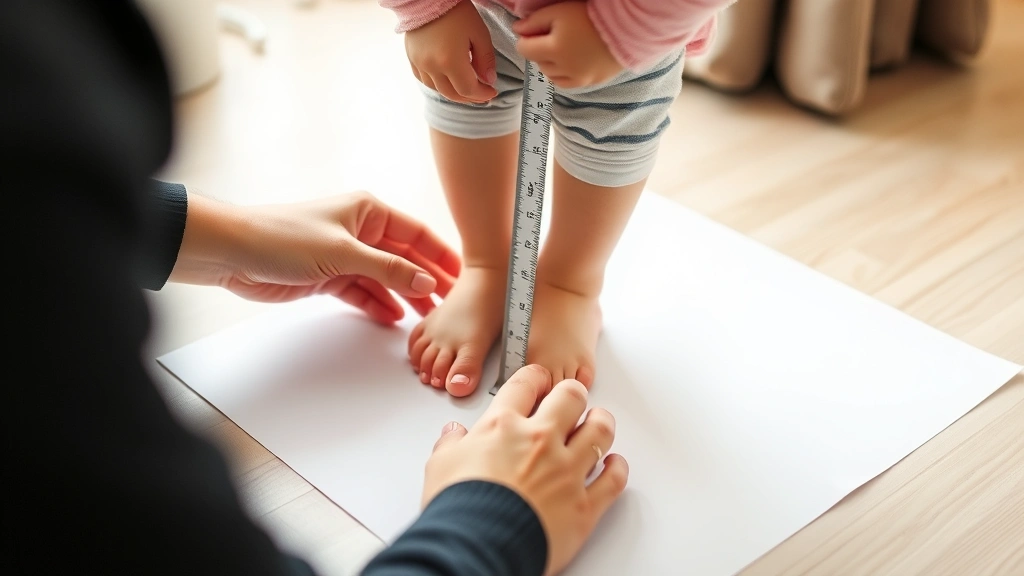 Parent carefully measuring a young child's foot with a ruler on white paper indoors, gentle hands, measuring process clarity