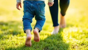 Barefoot toddler walking on soft grass outdoors, parent's hands nearby for support, natural daylight, warm family moment