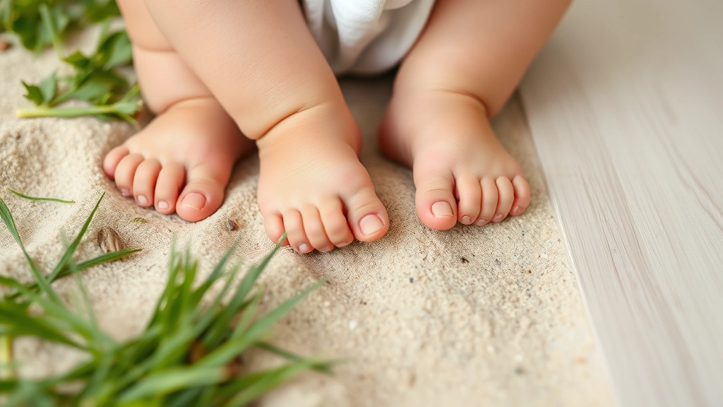 Close-up of baby's tiny bare feet on various textures—grass, sand, smooth floor—showing sensory exploration and development