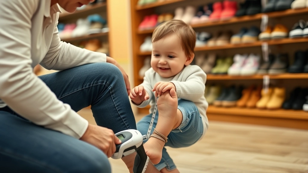 Parent measuring baby's foot with fitting device at shoe store, smiling infant trying on soft flexible shoes, professional fitting session