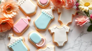 Close-up of decorated sugar cookies with pastel royal icing designs including baby bottles, pacifiers, and onesies arranged on white marble surface with fresh flowers nearby