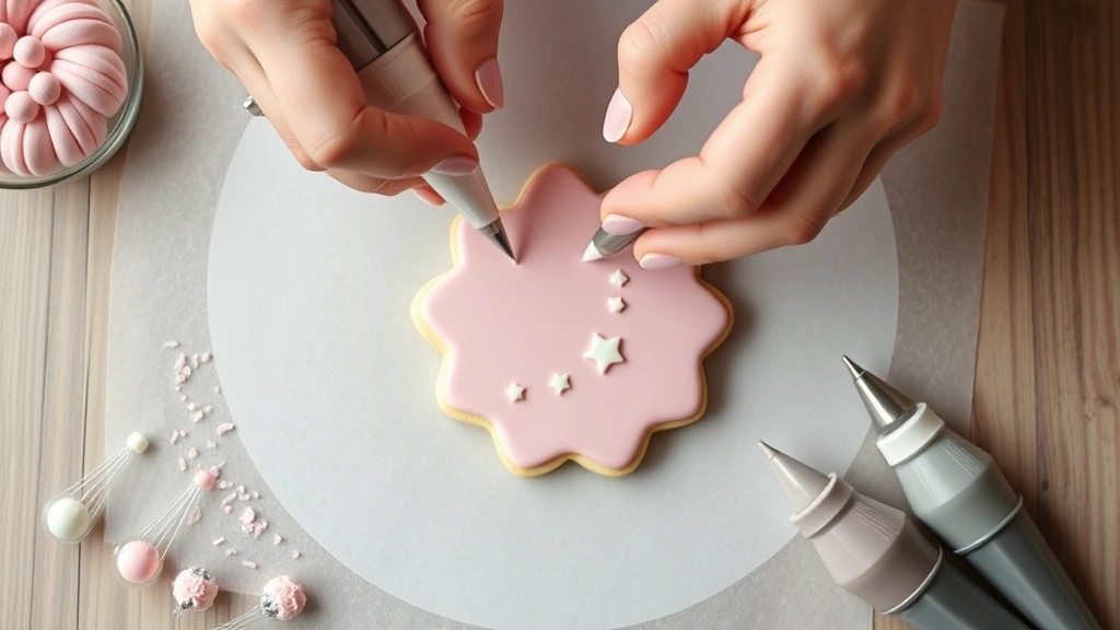 Overhead shot of baker's hands piping delicate white royal icing details onto light pink sugar cookie in baby shower theme, with piping bags and decorating tools visible