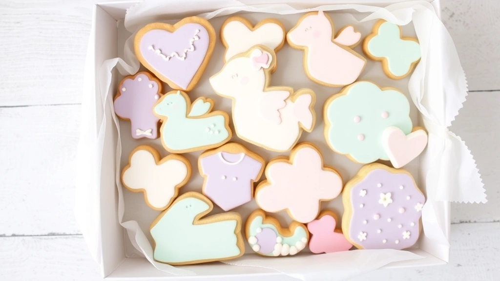 Flat lay display of finished DIY baby shower cookies in soft mint, blush, and lavender colors with various baby motifs, arranged in white gift box with tissue paper