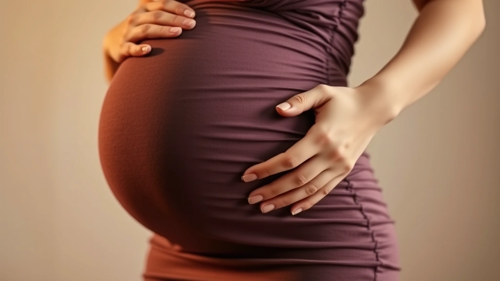 Close-up detail shot of expectant mother's bump in fitted maternity dress with delicate ruching, showing proper maternity dress fit and support, hands gently cradling belly, warm lighting