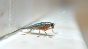 Close-up macro photography of a single baby silverfish on bathroom tile, showing its silver metallic body and antennae, with soft bathroom lighting and shallow depth of field, realistic insect detail
