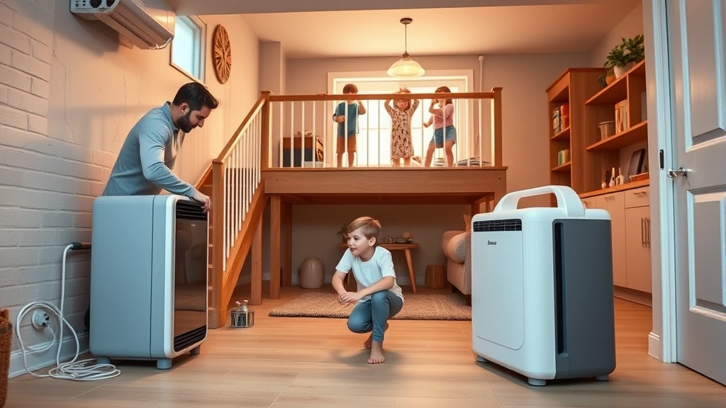 Parent using dehumidifier in damp basement while children play safely upstairs, modern home moisture control setup, warm family-focused lighting, practical household scene