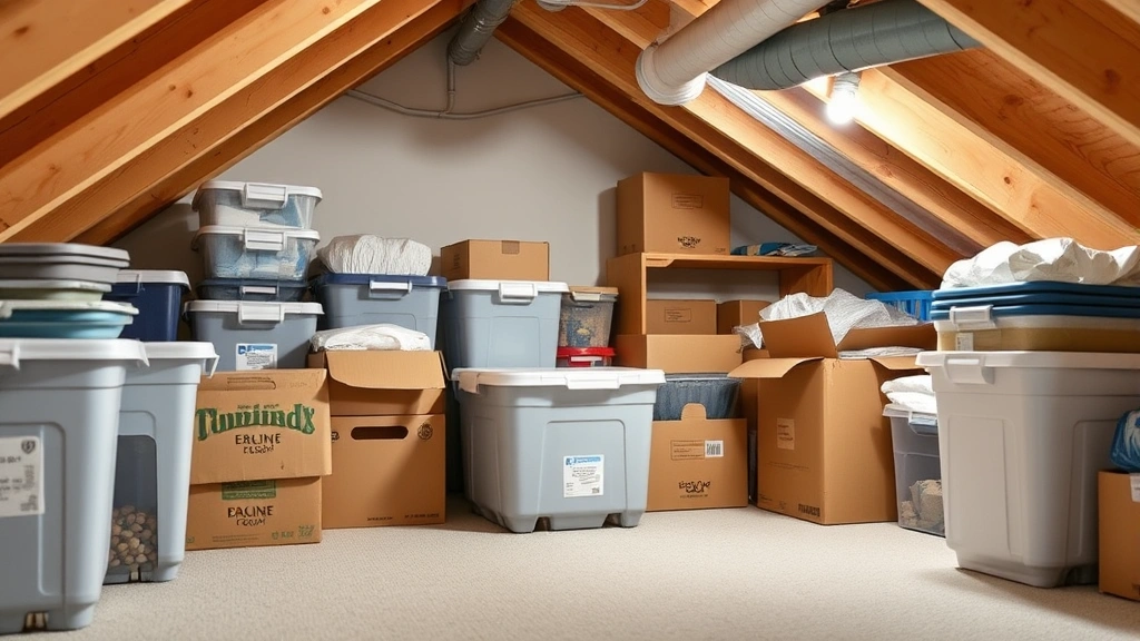 Organized storage containers and sealed boxes in a clean, well-lit attic or basement, moisture-controlled environment with good ventilation, organized home storage solutions, realistic family home setting