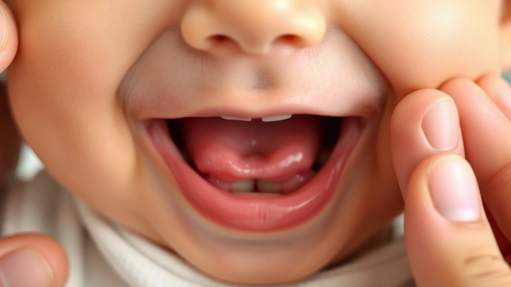 Close-up of smiling baby showing first white tooth emerging through lower gum, parents' gentle fingers nearby, soft nursery lighting, warm and joyful moment