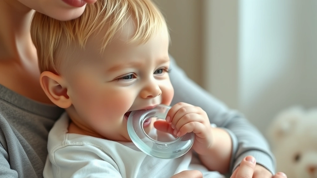Toddler happily chewing on refrigerated teething ring, parent holding baby comfortingly, soft natural light, calm and soothing teething comfort scene