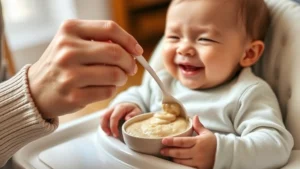 Close-up of parent's hand gently feeding a 6-month-old baby soft puree with a soft-tipped silicone spoon, baby smiling contentedly, high chair visible, warm natural lighting, intimate family moment