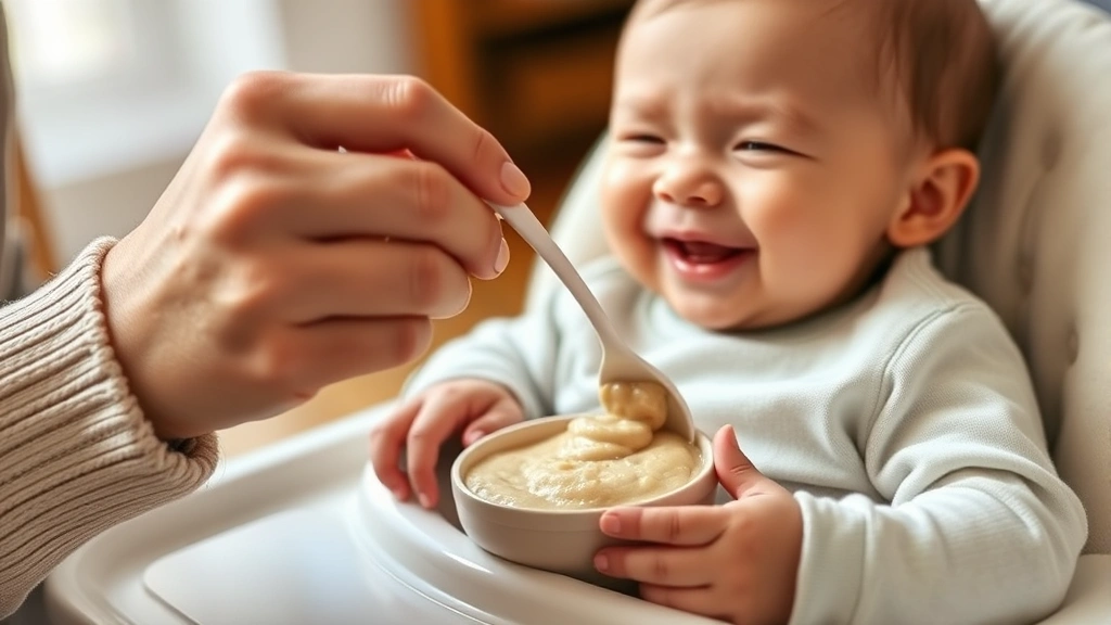 Close-up of parent's hand gently feeding a 6-month-old baby soft puree with a soft-tipped silicone spoon, baby smiling contentedly, high chair visible, warm natural lighting, intimate family moment