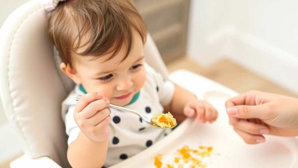 Toddler around 14 months sitting in high chair attempting self-feeding with baby spoon, concentrated expression, small amount of food on spoon, messy but happy, parent's hand nearby supervising