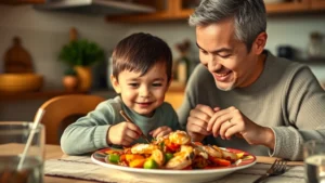 Warm family dinner scene showing a toddler and parent sharing a gentle meal with tender seafood and vegetables, natural kitchen lighting, happy expressions, colorful plate
