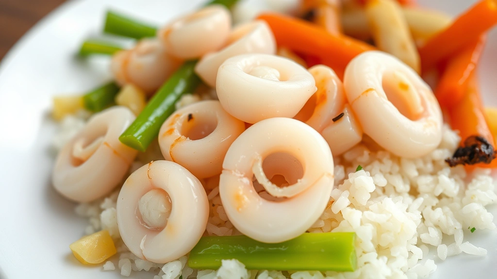 Close-up of properly cooked baby squid pieces on a child's plate with rice and steamed vegetables, soft textures visible, appetizing presentation suitable for young eaters