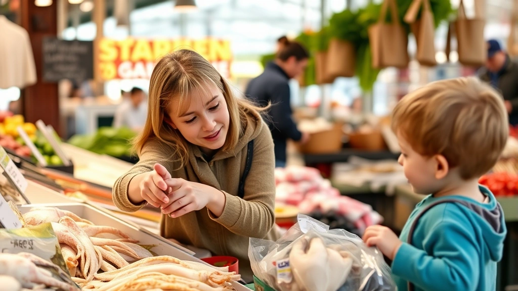 Parent and young child at farmers market examining fresh seafood together, parent pointing to squid display, educational moment, bright market setting with natural produce