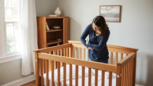 Parent installing wooden Baby Stickley crib in bright nursery, checking safety hardware, natural daylight through window, warm welcoming space