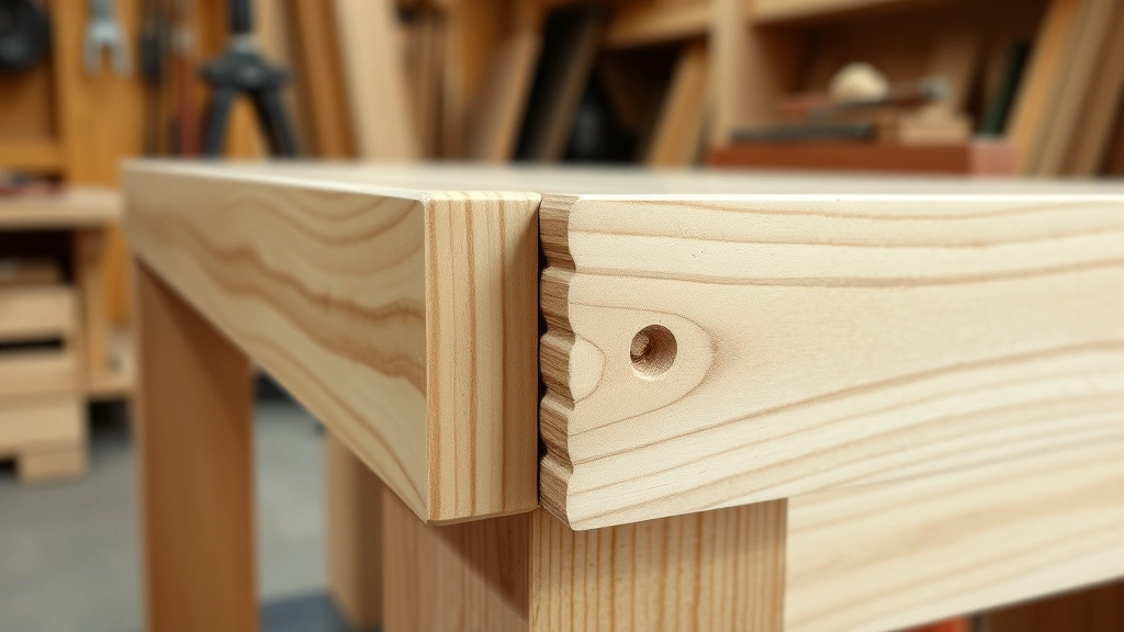 Close-up of solid wood mortise and tenon joinery on furniture piece, showing craftsmanship detail, quality construction, professional workshop setting