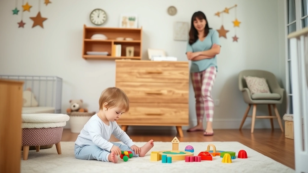 Young child playing safely in nursery with wall-anchored wooden dresser, toys on floor, parent supervising in background, secure stable furniture