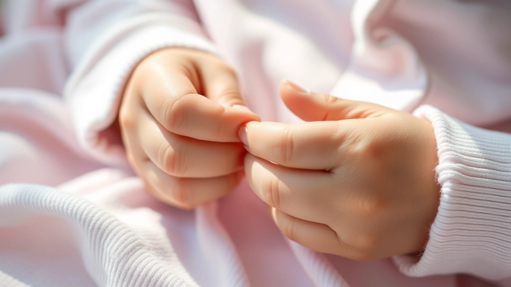 Close-up of hands carefully sewing delicate baby fabric with needle and thread, soft pastel colors, bright natural lighting, focused concentration on detailed stitching work