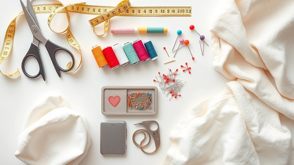 Organized sewing supplies laid out on white table: measuring tape, scissors, colorful thread spools, pins, needle cases, and soft cotton fabrics in neutral baby colors