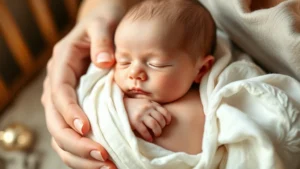 Close-up of hands gently wrapping a newborn baby in a soft muslin swaddle blanket, showing proper technique with baby's arms secured at sides, peaceful sleeping expression, warm nursery lighting