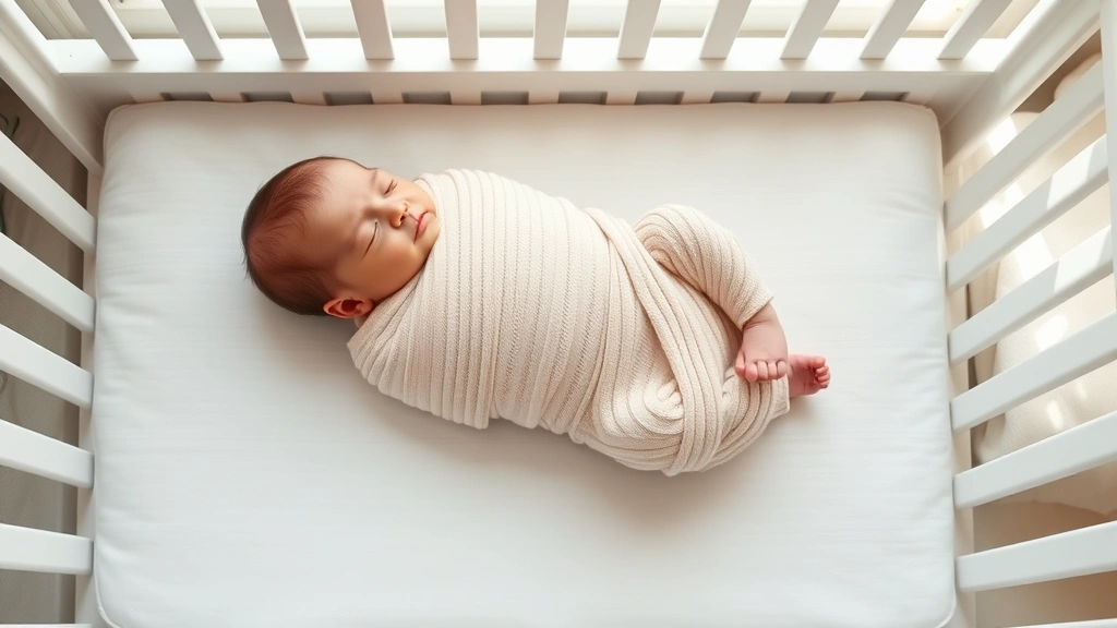 Overhead view of a peacefully sleeping swaddled newborn on their back in a white crib, soft morning light through window, demonstrating safe sleep positioning with clear airway access