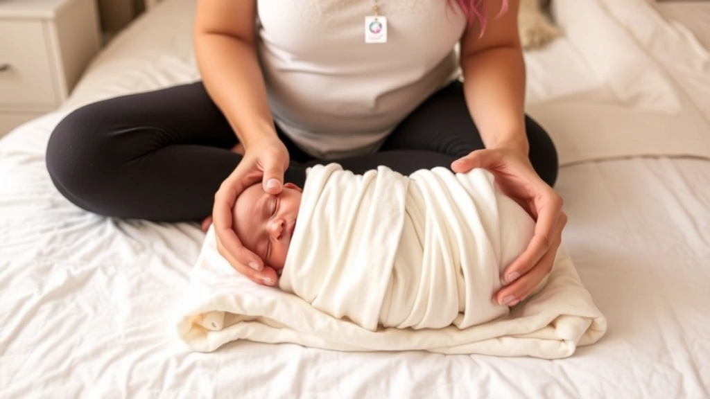 Parent demonstrating step-by-step swaddling technique with a newborn, showing the folding process on a bed with soft white and cream colored blankets, gentle hands, educational but warm atmosphere