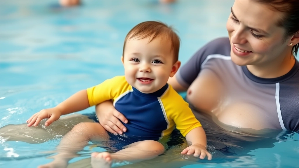 Smiling infant wearing two-piece swim set and rash guard, sitting in parent's lap during water play session at swimming class